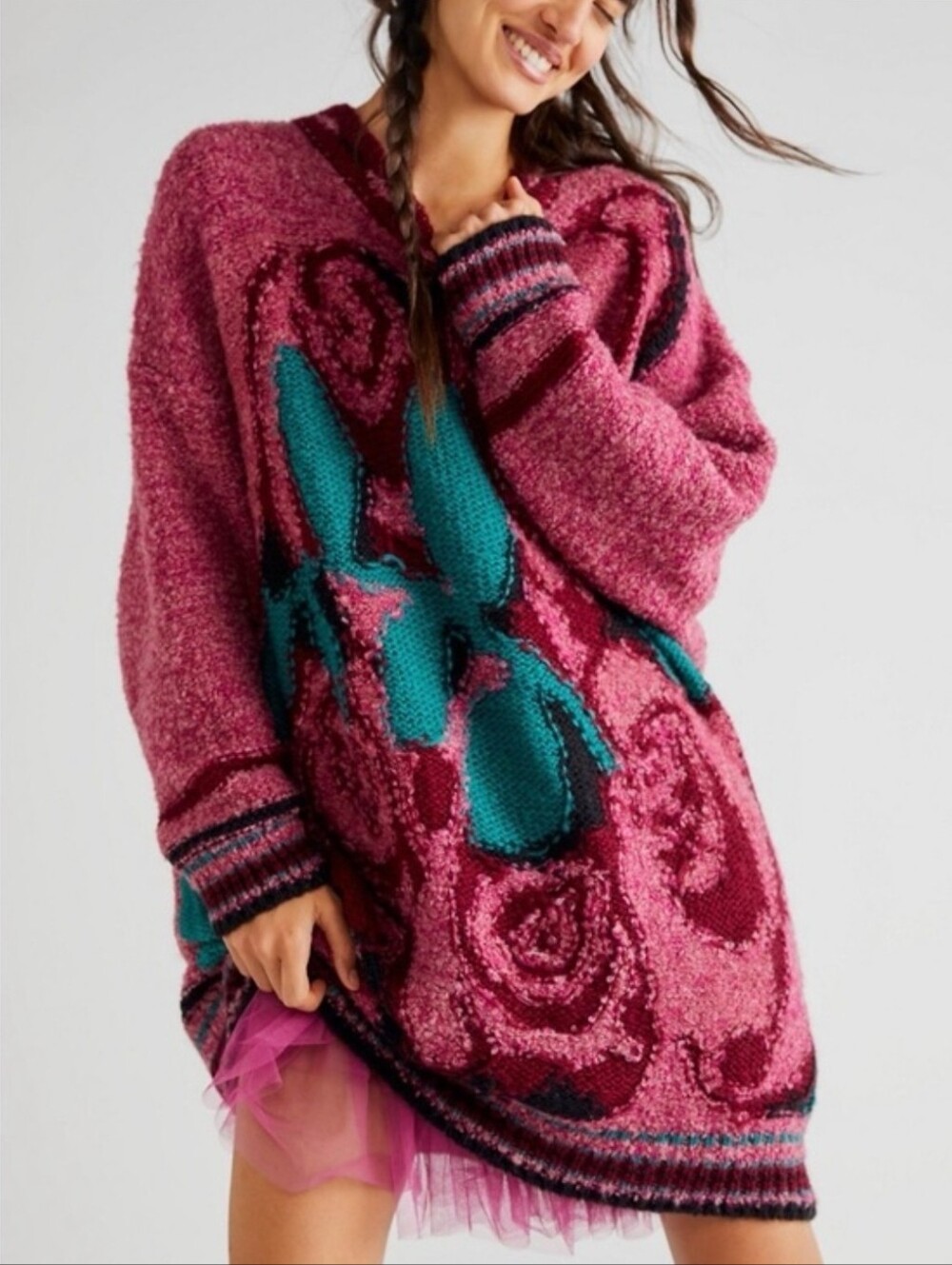 NWT $298 Free People Pink Rose Pattern Knit Sweater XS/S